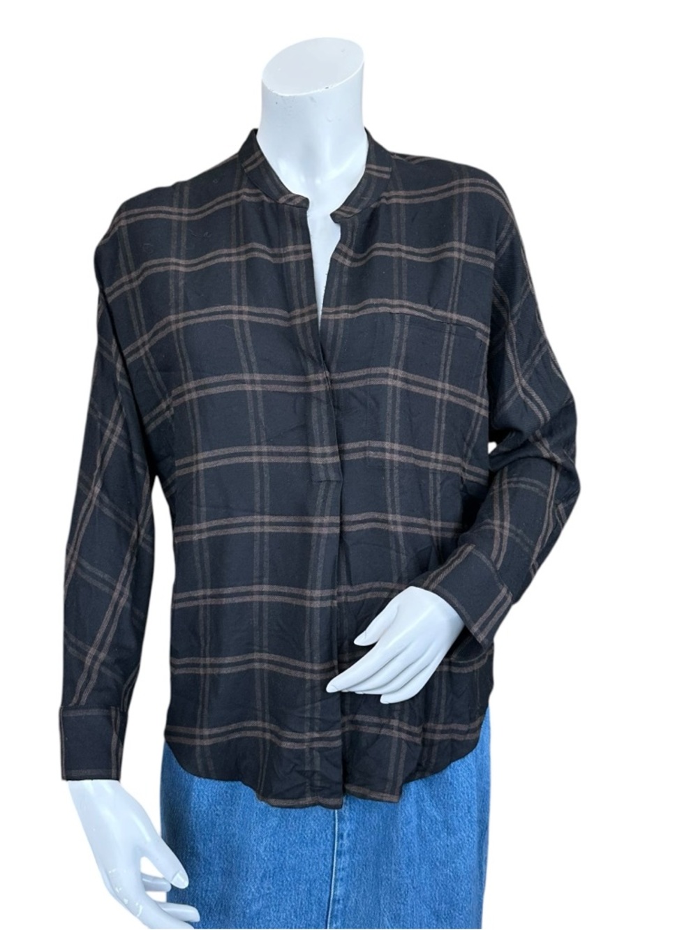 Vince Shadow Plaid Black And Brown Long Sleeve Wool Blend Blouse Size Small